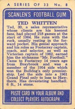 1964 Scanlens VFL #8 Ted Whitten Back